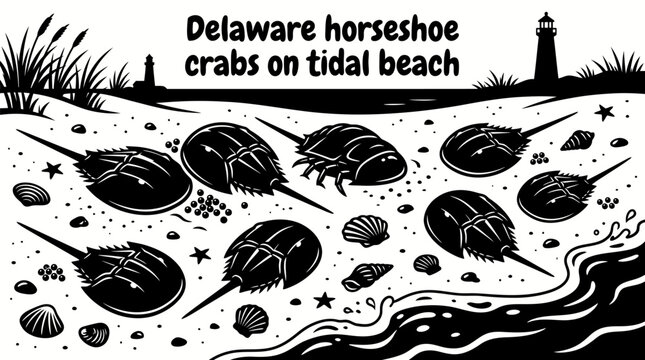 horseshoe crabs gathering along a delaware tidal beach during seasonal spawning with shells gentle surf sandy shoreline and protected coastal habitat creating a unique wildlife scene