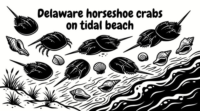 horseshoe crabs gathering along a delaware tidal beach during seasonal spawning with shells gentle surf sandy shoreline and protected coastal habitat creating a unique wildlife scene