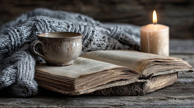 Cozy autumn setting represented by an open vintage book hot tea cup knitted wool fleece and candle.