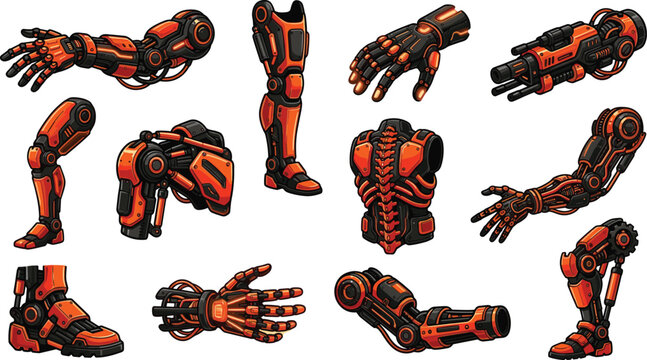 Futuristic Cyberpunk Robotic Prosthetic Limbs Vector Set with Mechanical Orange Cyber Arms Legs Exo Spine Torso and Weapon Attachments for SciFi Gaming Designs