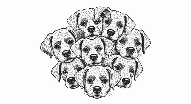 Black and white line art illustration featuring a cluster of multiple puppy faces with expressive eyes, hand-drawn sketch style of young dogs isolated on a white background.