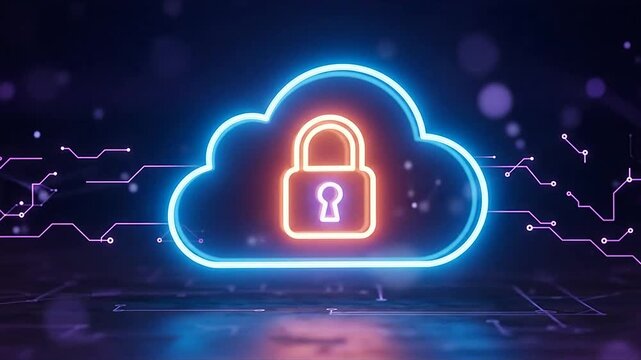 Glowing blue and orange neon cloud security icon