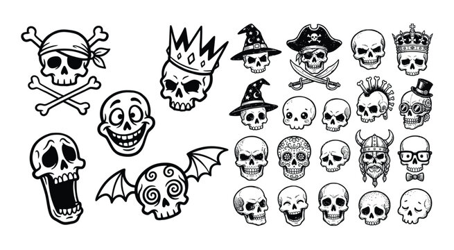 Collection Of Skull Doodles Black And White Vector Illustration anatomy