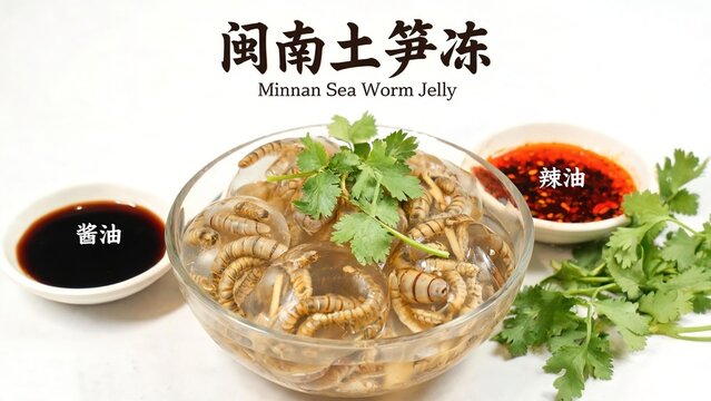 Minnan Sea Worm Jelly (Tu Sun Dong) Traditional Fujian Coastal Delicacy, Cubed Transparent Sea Worm Jelly in Clear Glass Bowl with Cilantro, Side Soy Sauce and Chili Oil Dipping Bowls Bilingual Chines