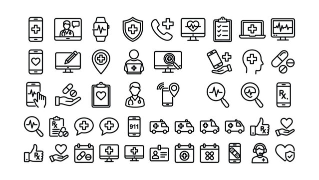 Collection of black line icons on white background representing healthcare and medical concepts and services including emergency care and health technology  health icons