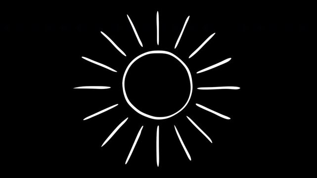 Hand drawn textured 2d animation pack featuring four different white sun elements with scribble rays on black background. Overlay motion doodle art.