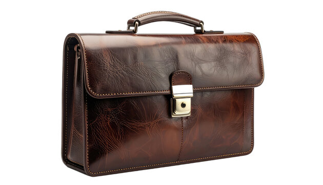 A classic brown leather briefcase with a metallic clasp and handle.