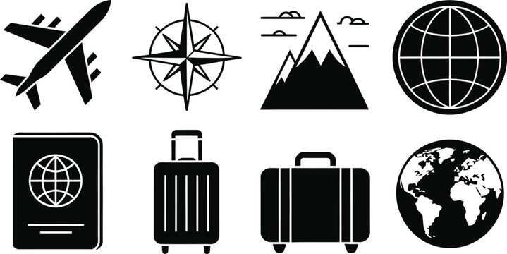 Travel icons set, airplane compass mountain vector art, passport suitcase globe illustration pack