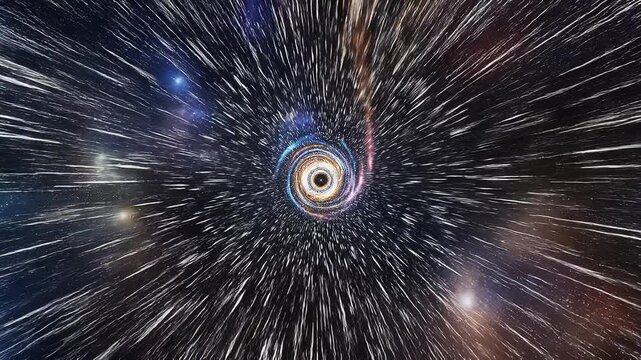Stunning cosmic black hole surrounded by colorful swirling galaxy and bright star clusters in deep space