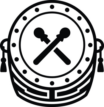 Traditional Drums with Crossed Drumsticks in Black and White Illustration.
