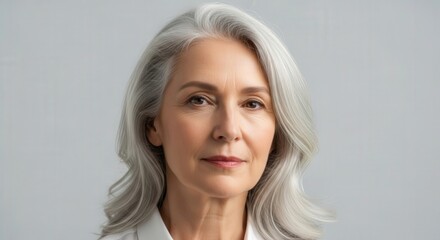 Naklejka premium Elegant senior woman with long grey hair posing confidently in a soft-lit studio portrait against a neutral grey background.