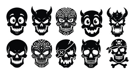 Fototapeta premium Set of ten different black and white skull icons and character illustrations