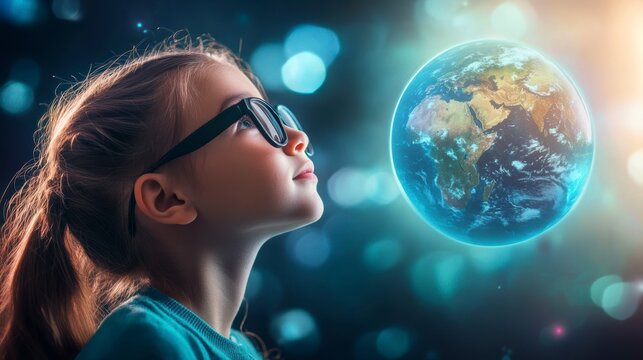 A curious girl in glasses looks at a large Earth globe in a space setting.