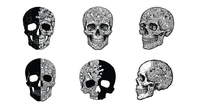 Set of black and white human skulls with detailed floral pattern ornaments