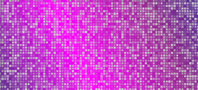 Colorful geometric square texture with Pink purple disco party pattern background, seamless pixel mosaic, glowing retro vector design, vibrant celebration backdrop.