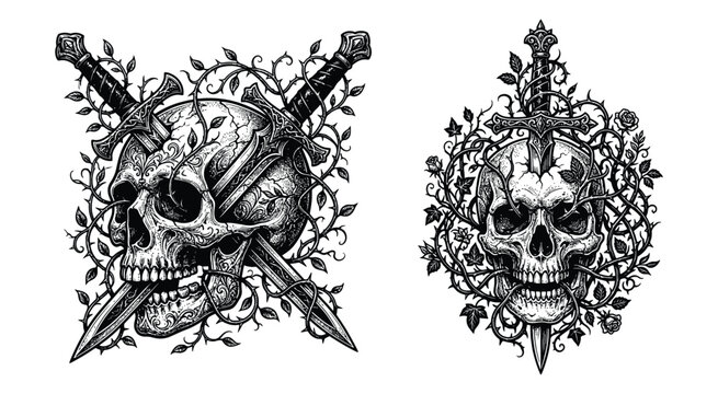 Black and white human skulls with crossed swords and floral vines illustration