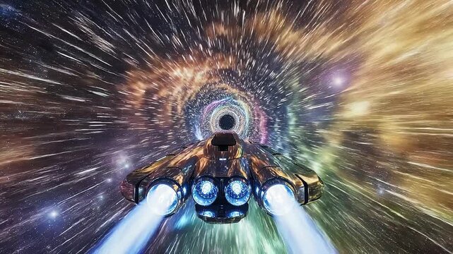 Futuristic spaceship traveling through a cosmic wormhole in deep outer space with vibrant stars and galaxies