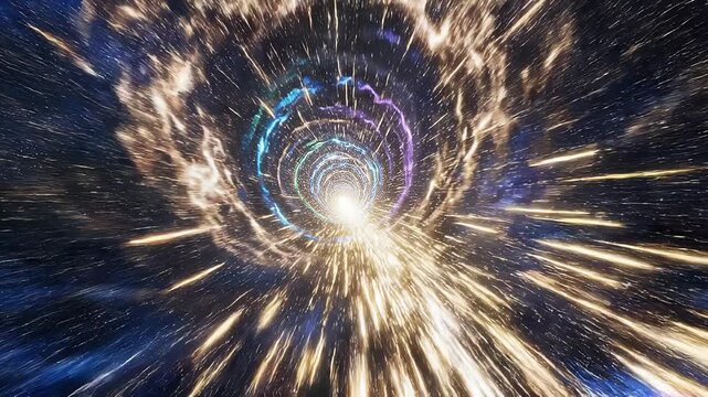 Dynamic cosmic tunnel with bright light and colorful energy streaks in deep space concept