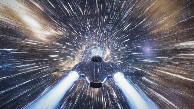 Futuristic spaceship traveling through a cosmic wormhole in outer space with bright stars and light trails