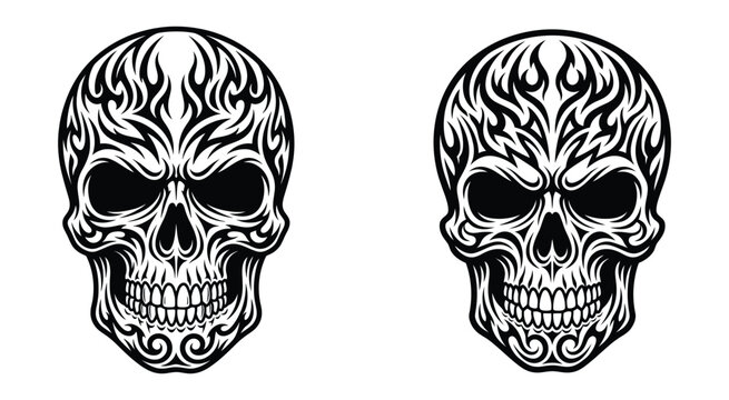 Two detailed human skulls with tribal tattoo patterns in black and white