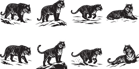 Fototapeta premium Vintage tiger illustration set, 8 black and white wild cat vector graphics, retro tiger silhouettes in walking and running poses for logo design isolated on Transparent Background