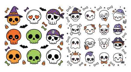 Obraz premium Set of cute cartoon skull stickers for Halloween celebration