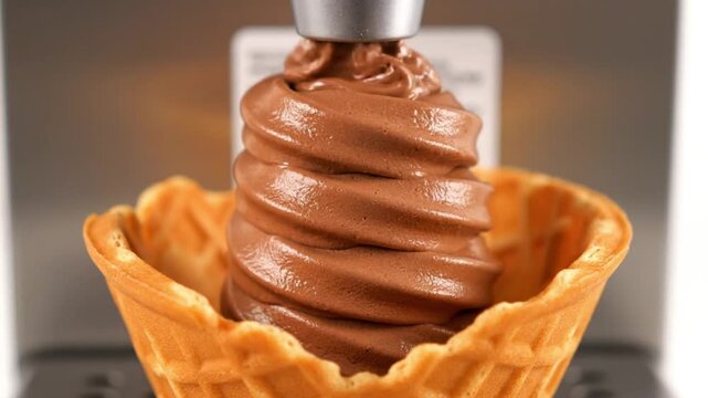 Chocolate soft serve ice cream dispensing into a waffle cone