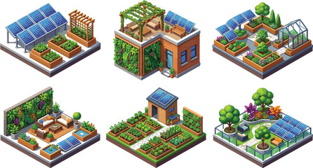 Naklejka premium Isometric Eco Friendly Rooftop Garden Vector Set with Solar Panels Green Roof Vertical Gardens Raised Beds and Sustainable Urban Architecture Graphic Designs