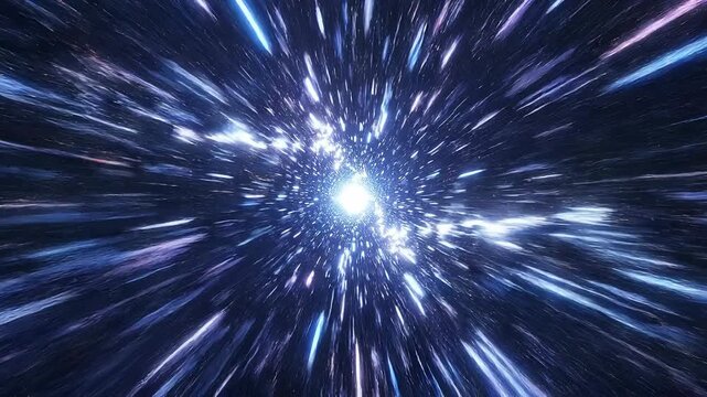 Bright cosmic starburst with radiant light streaks in deep space galaxy background