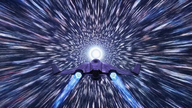 Futuristic spaceship traveling through vibrant space tunnel with bright glowing light and star streaks
