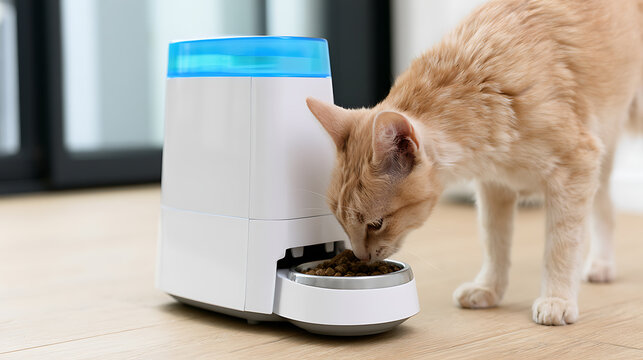 Domestic short-haired cat (Felis catus) with ginger fur eats from a modern automatic pet feeder, ensuring timely meals for the beloved animal