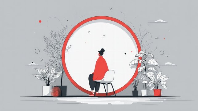 Woman sitting in circular frame with plants