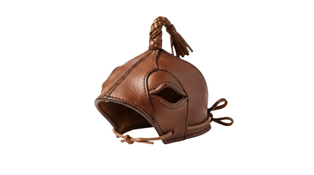 Brown leather gladiator mask with chin strap.