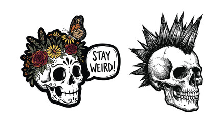 Fototapeta premium Sugar skull with flowers and a punk rock skull with a mohawk hair drawing