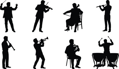Vector classical orchestra musicians icon set featuring black silhouettes of instrumentalists performing live music concert © MdOsiar