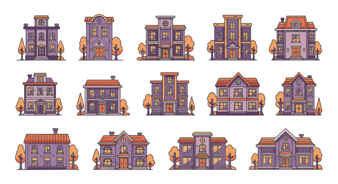 Set of fourteen traditional purple house vector icons with orange roofs and autumn trees isolated on white background. Classical architecture manor and mansion illustrations in flat design.