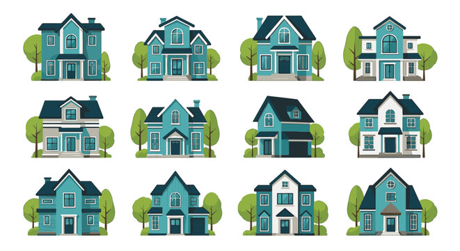 Set of 12 modern teal and navy blue house icons in a flat vector style including stylized green trees, suitable for real estate branding, web design, and architectural icons.