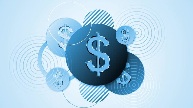 Abstract finance concept with dollar signs on overlapping circles and geometric rings animation