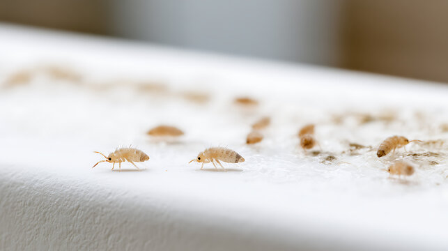 Tiny Springtails (Collembola) Swarm on a White Surface, Macro View of Microscopic Insects in a Home Environment Close-Up Detail