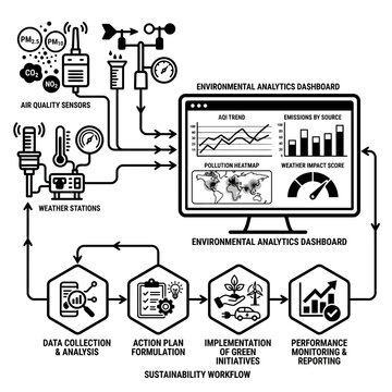Close-up of air quality sensors and analytics display with digital gauges