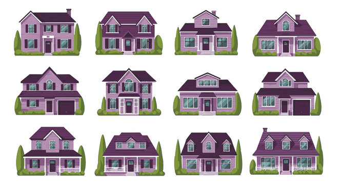 Flat vector illustration set featuring twelve distinct two-story and single-story suburban family houses with purple siding, dark roofs, green bushes, and architectural details.