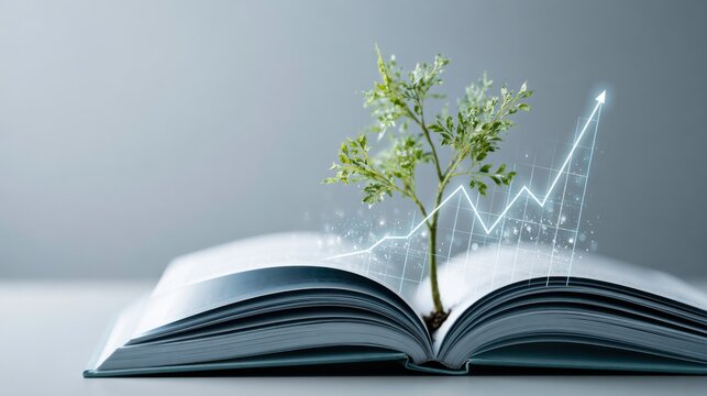 An open book with a sapling growing from its pages, superimposed with a rising stock market graph, symbolizing growth and knowledge