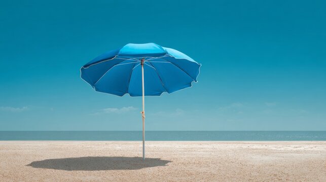 Blue Beach Umbrella Providing Cool Shade on Sandy Shore Under Bright Clear Sky, Peaceful Tropical Seaside Summer Vacation Background with Coastal Relaxation and Ocean Beach Scenery