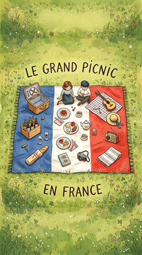 French flag picnic blanket celebrating Bastille Day from above