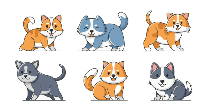 Collection of six cute cartoon domestic pet illustrations including puppies and kittens in playful poses, featuring orange and grey fur patterns, isolated on a clean white background.