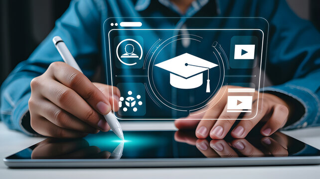 Person using a tablet for online education and digital learning with virtual icons of graduation cap and video media displayed on screen