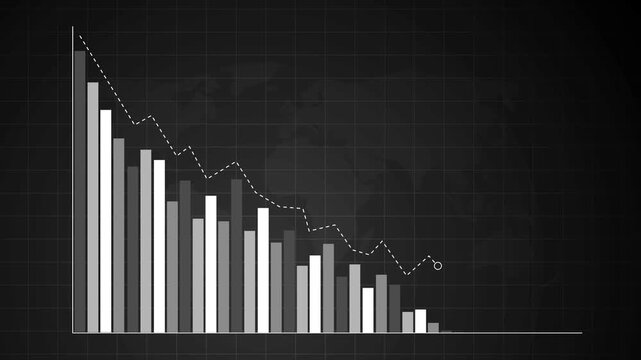 Declining bar chart with downward trend, Blue bar chart with falling line graph decline in business data, finance performance and analytics animation