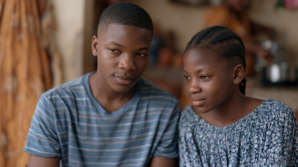 Fototapeta premium Nigerian sibling rivalry, teenage boy and preteen sister arguing over television remote in small living room, mother visible in background cooking, household tension, after-school