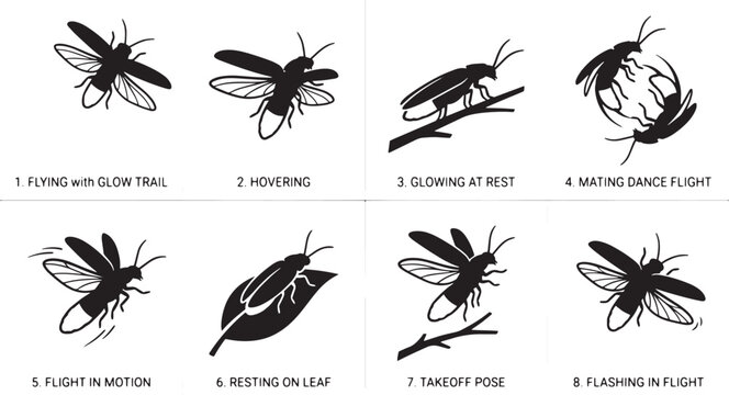 Firefly insect life cycle and behavior icons, set of 8 black vector silhouettes, glowing lightning bug flying and resting poses for nature education isolated on Transparent Background