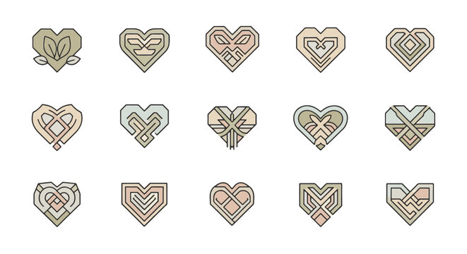 Set of fifteen geometric heart icons featuring linear designs, leaves, and interlocking patterns in muted earth tones, suitable for branding, logos, and graphic design projects.